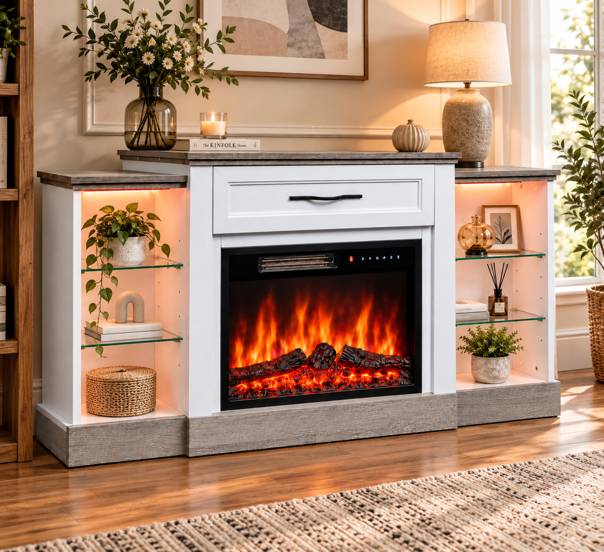HOMAVO 23-inch electric fireplace with mantel cabinet, LED light strip and multiple storage shelves, 12 flame colors, 5 brightness and flame-speed levels, 41 LED lighting effects, 1–8 hour timer, remote control + touch control