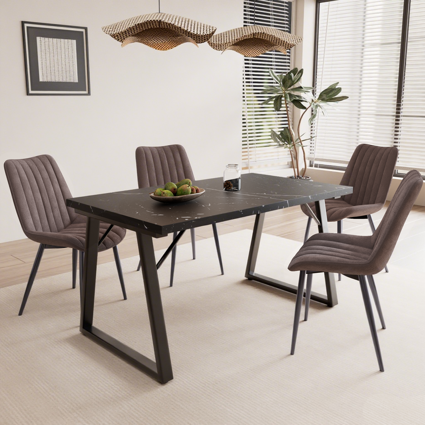 HOMAVO 5-Piece Dining Set – 4 Velvet/PU Chairs + 140cm Rectangular Table