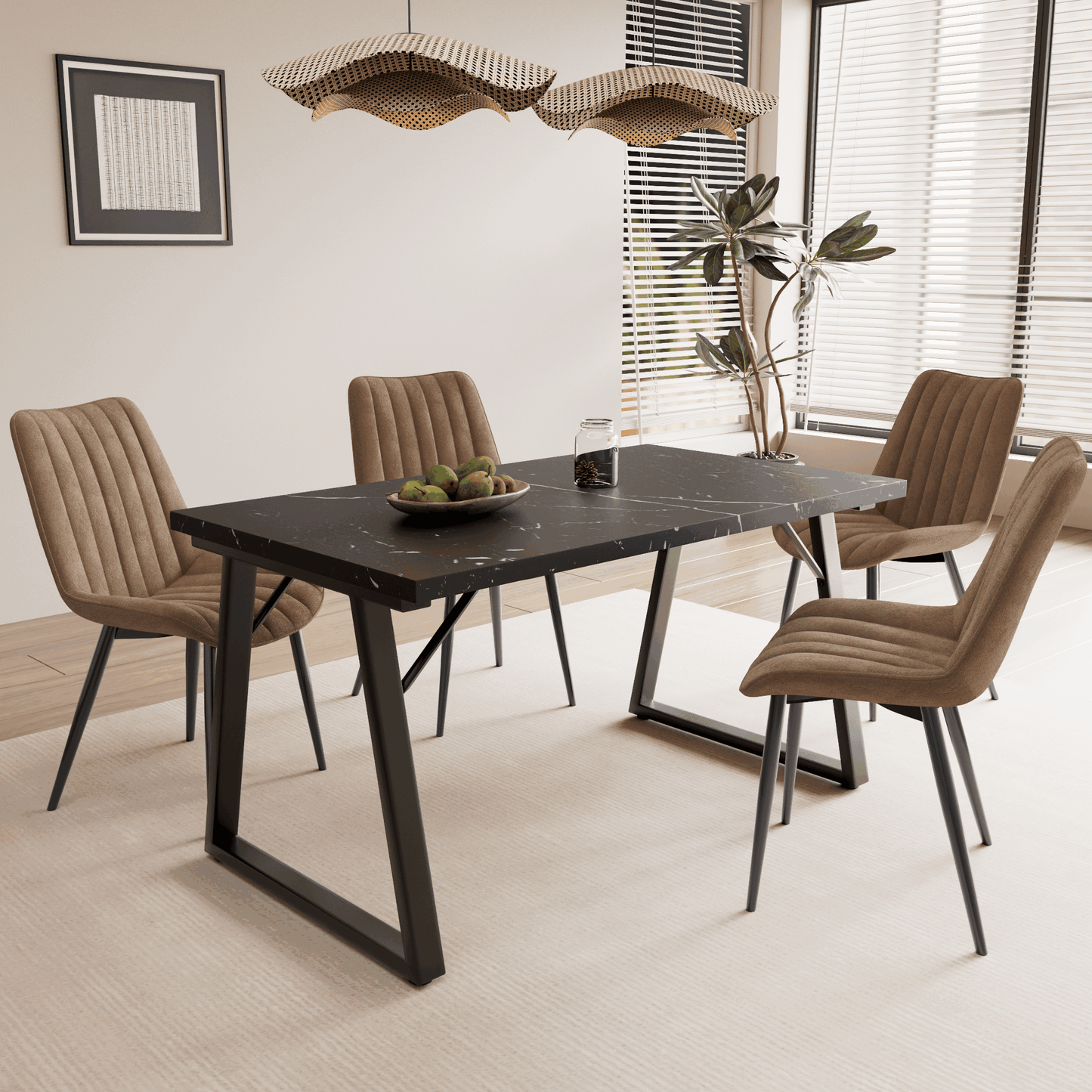 HOMAVO 5-Piece Dining Set – 4 Velvet/PU Chairs + 140cm Rectangular Table