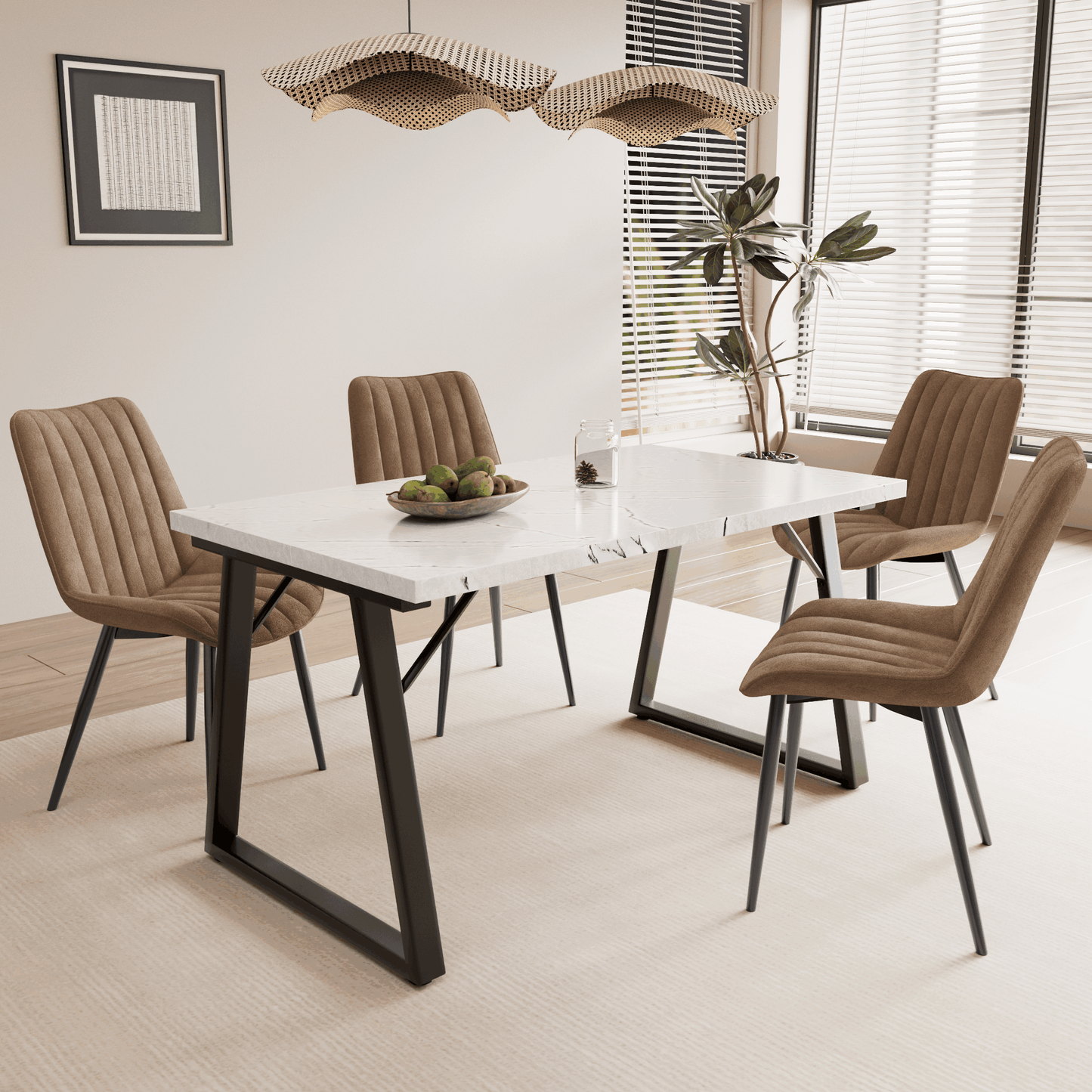 HOMAVO 5-Piece Dining Set – 4 Velvet/PU Chairs + 140cm Rectangular Table