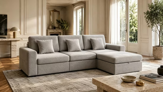 Modular L-Shaped Sleeper Sectional Sofa with Storage, Reversible Ottoman, Chenille Upholstery & Pillows – No Assembly Required