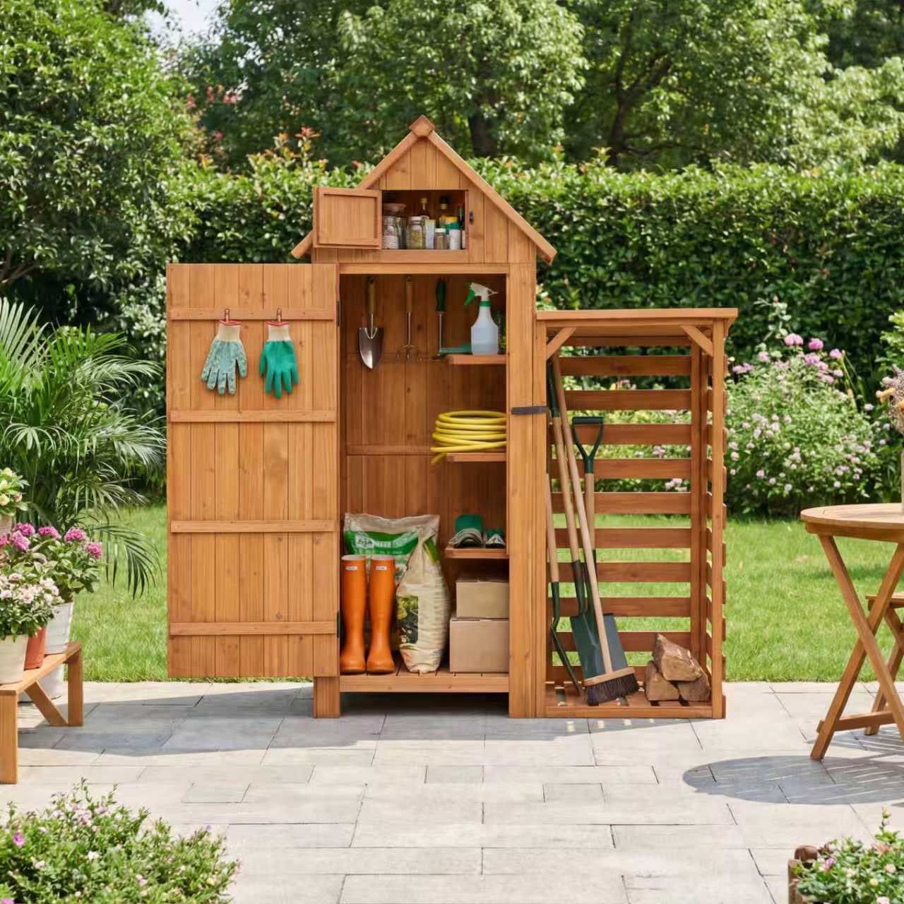 HOMAVO Garden Storage Shed with Firewood Rack, Dimensions: 131 × 54.3 × 179 cm