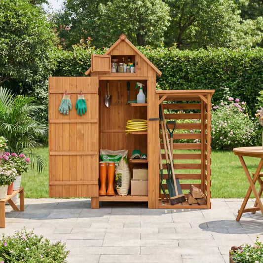 HOMAVO Garden Storage Shed with Firewood Rack, Dimensions: 131 × 54.3 × 179 cm
